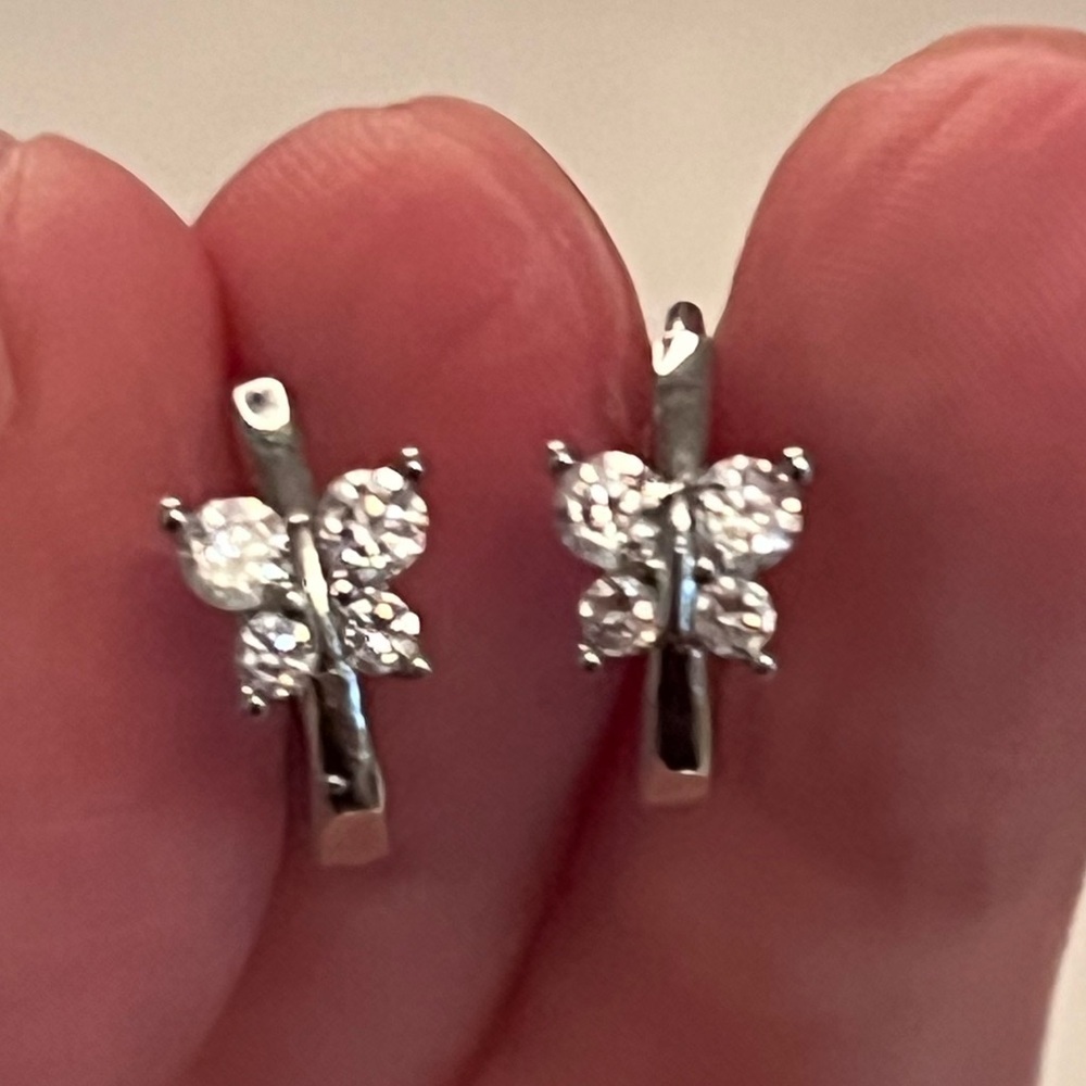Silver Diamond Butterfly Huggie Hoop Earrings